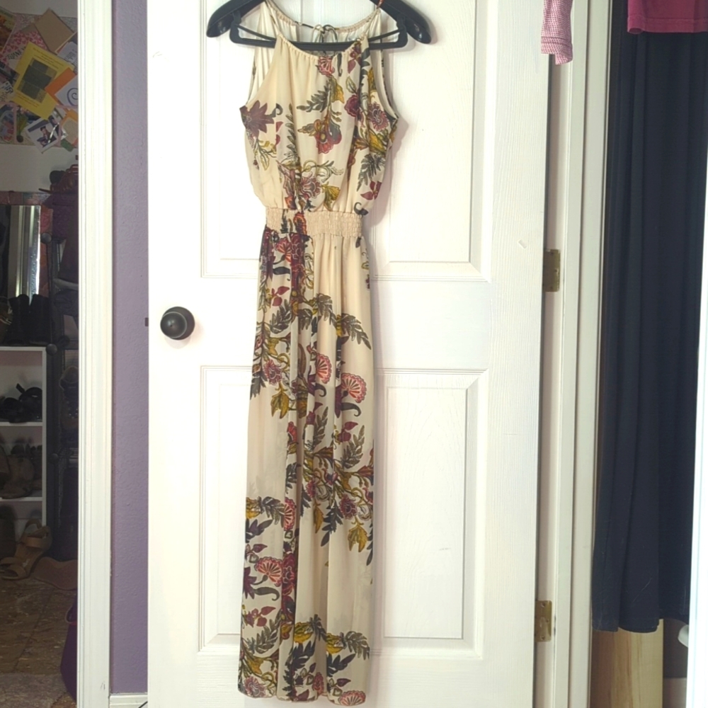 Cool pantdress with semi sheer print over neutral underneath, ladies m